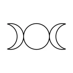 The Triple Moon symbol depicts a full moon in the center, with a waxing crescent on one side and a waning crescent on the other. It represents the three phases of the Moon and the Triple Goddess (Maiden, Mother, Crone), symbolizing birth, life, and death/rebirth, and is a significant symbol in Paganism and Wicca.