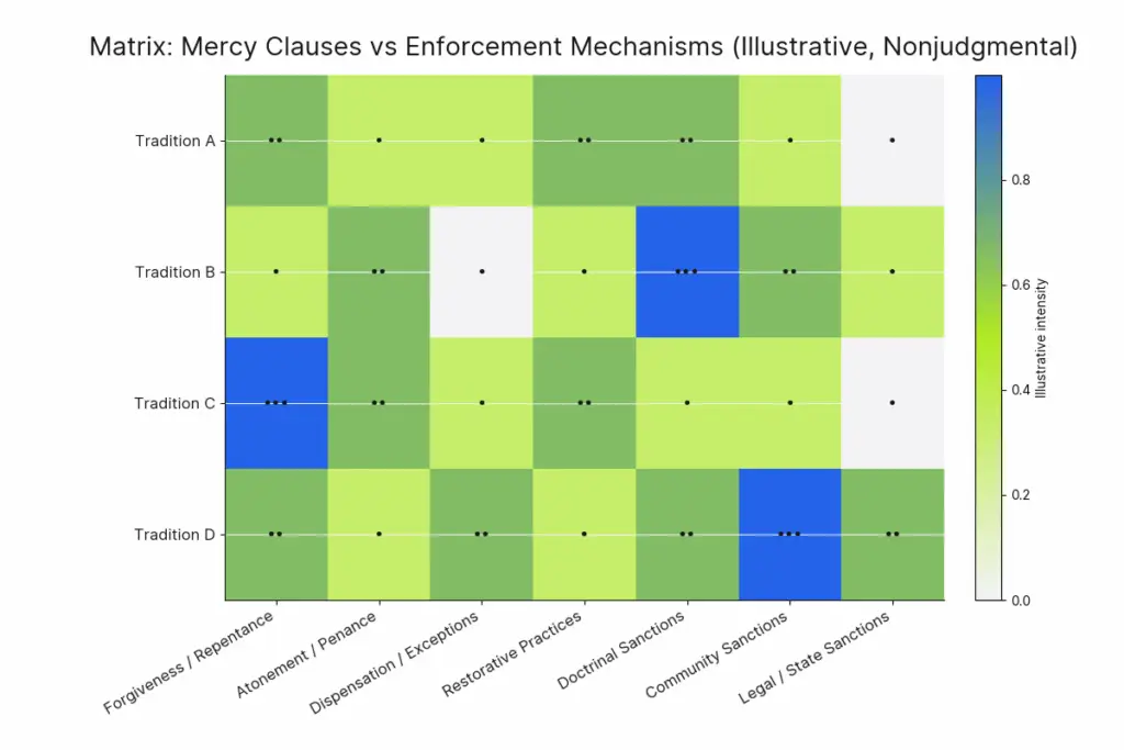 Matrix: Mercy Clauses vs. Enforcement Mechanisms across traditions (nonjudgmental comparison).