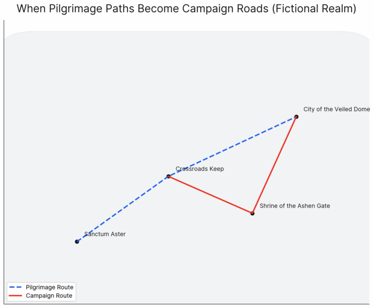 pilgrimage vs campaign routes) This is a fictional map-style graphic with: Sanctum Aster, Crossroads Keep, Shrine of the Ashen Gate, City of the Veiled Dome Blue dashed line: pilgrimage path. Red solid line: campaign route that partly hijacks the pilgrimage corridor.