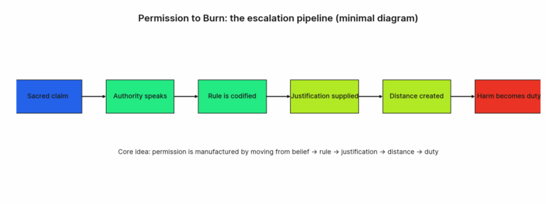 a feedback loop showing how harm reinforces certainty/authority escalation pipeline pouya zargar divine poison book research marketing novel dark fantasy blog