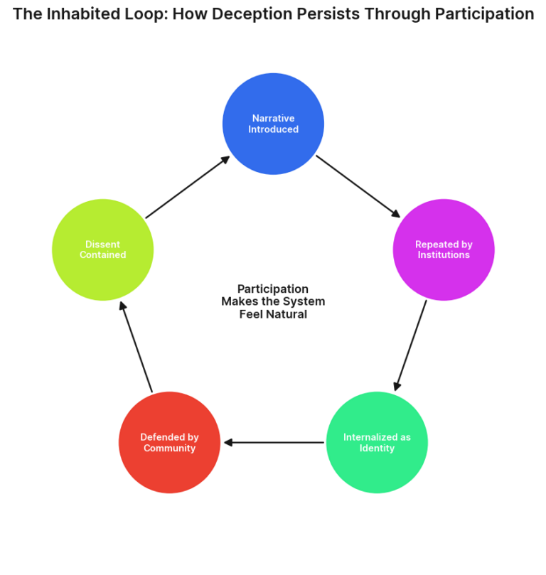 This is the strongest social-psychology visual. It shows how deception persists not just from the top down, but because people inhabit and reinforce the system. The loop runs through: narrative introduced repeated by institutions internalized as identity defended by community dissent contained
